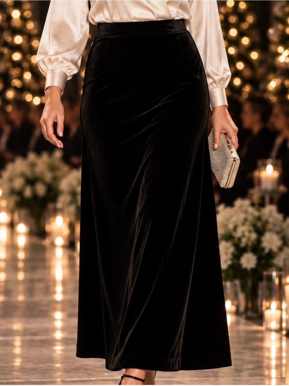 Vince Camuto 1X Black Velvet Maxi Skirt Stretch Plus Size Holiday NWT